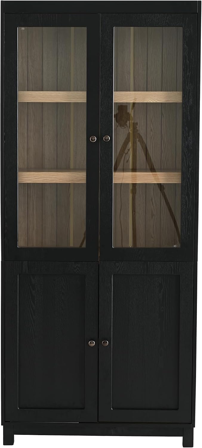 Merax 74.5''H Ash Wood Grain Display Cabinet Bookcase with Storage,Pantry with Glass Doors & Adjustable Shelves,Bookshelf Curio Cabinet for Hallways,Livingroom Kitchen & Office,Black