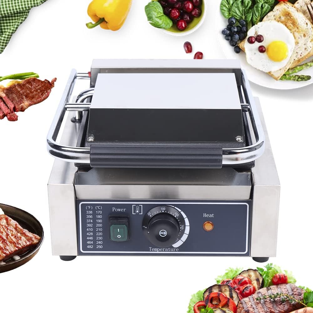 Panini Press Toaster Sandwich Maker, 110V 1800W Non-Stick Commercial Electric Griddle Contact Grill Grooved, for Hamburgers Steaks Bacons Sandwiches Sausages
