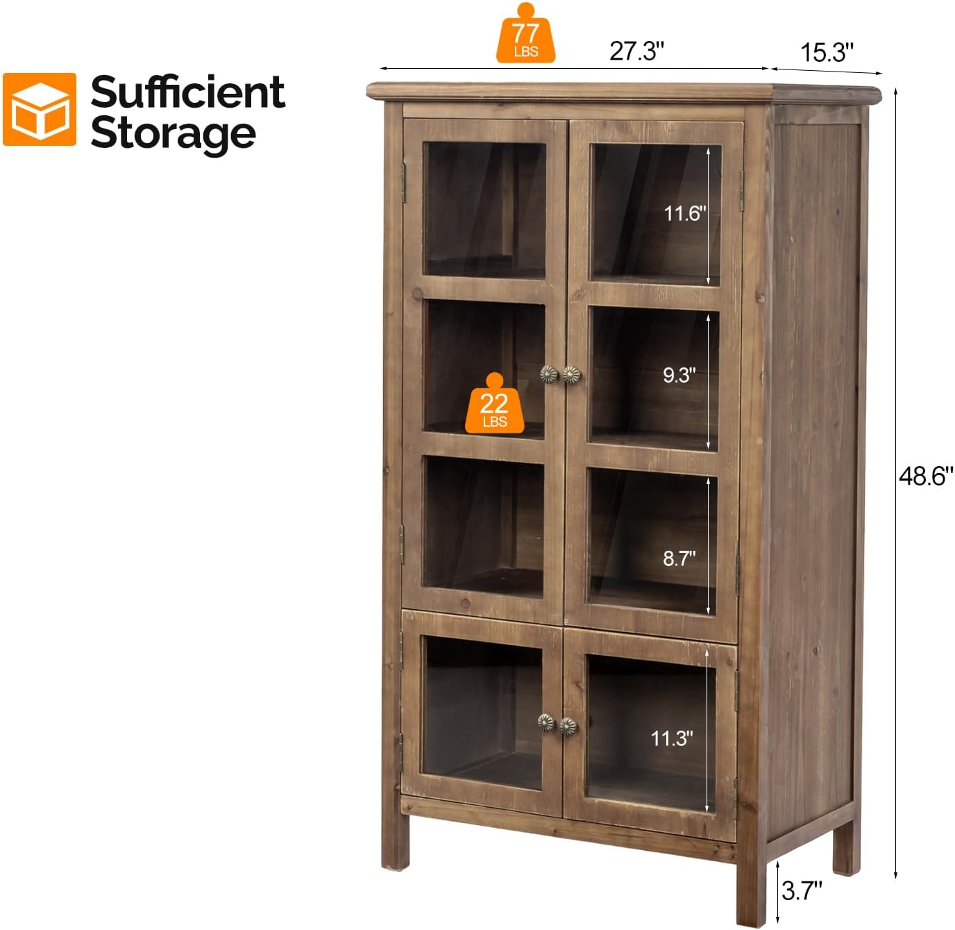 VINGLI Rustic Storage Cabinet with Glass Doors & Shelves, Showcase Display Cabinet with Cedar Wood Finish, Walnut