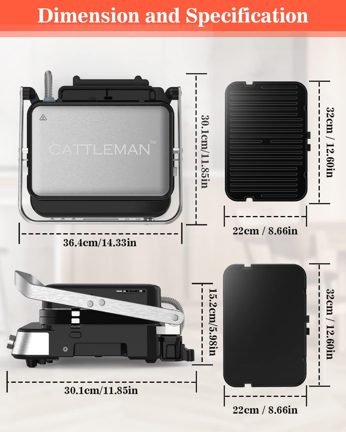 CATTLEMAN Panini Press Grill Sandwich Maker with Removable Plates, 1600W, 5 in 1 Smokeless Indoor Grill & Griddle with Meat Thermometer, Electric Contact Grills for Kitchen, Stainless Steel