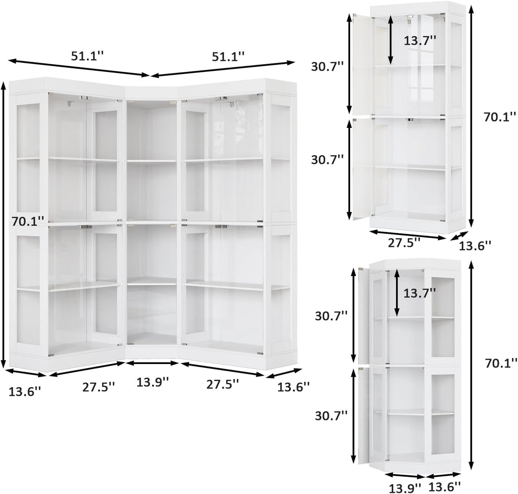 70.1' Large Corner Cabinet with Glass Doors,4 Tiers L-Shaped Storage Cabinet with 12 Shelves & Top Guard Rail，Corner Bookshelf for Living Room, Home Office, White