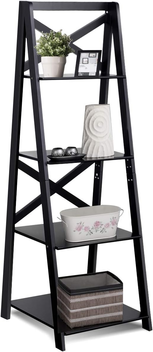 Tangkula 4-Tier Ladder Shelf Bookcase (Set of 2), Leaning Free Standing Wooden Frame Decor Bookshelf, Storage Flower Shelf, Plant Display Shelf for Home Office