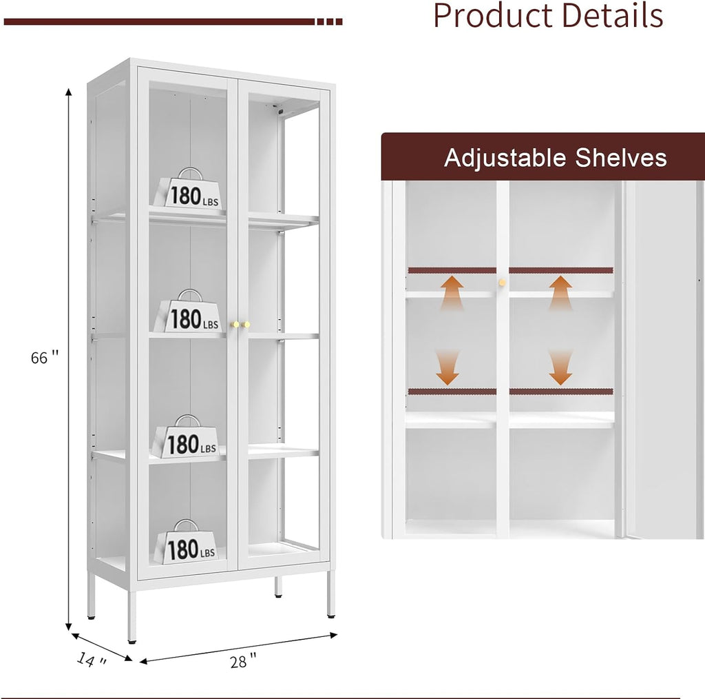 Display Cabinet with Glass Doors, 66' Curio Cabinet with 3 Color Lights, 4 Tier Display Case for Collectibles, Bookcase with Doors for Living Room