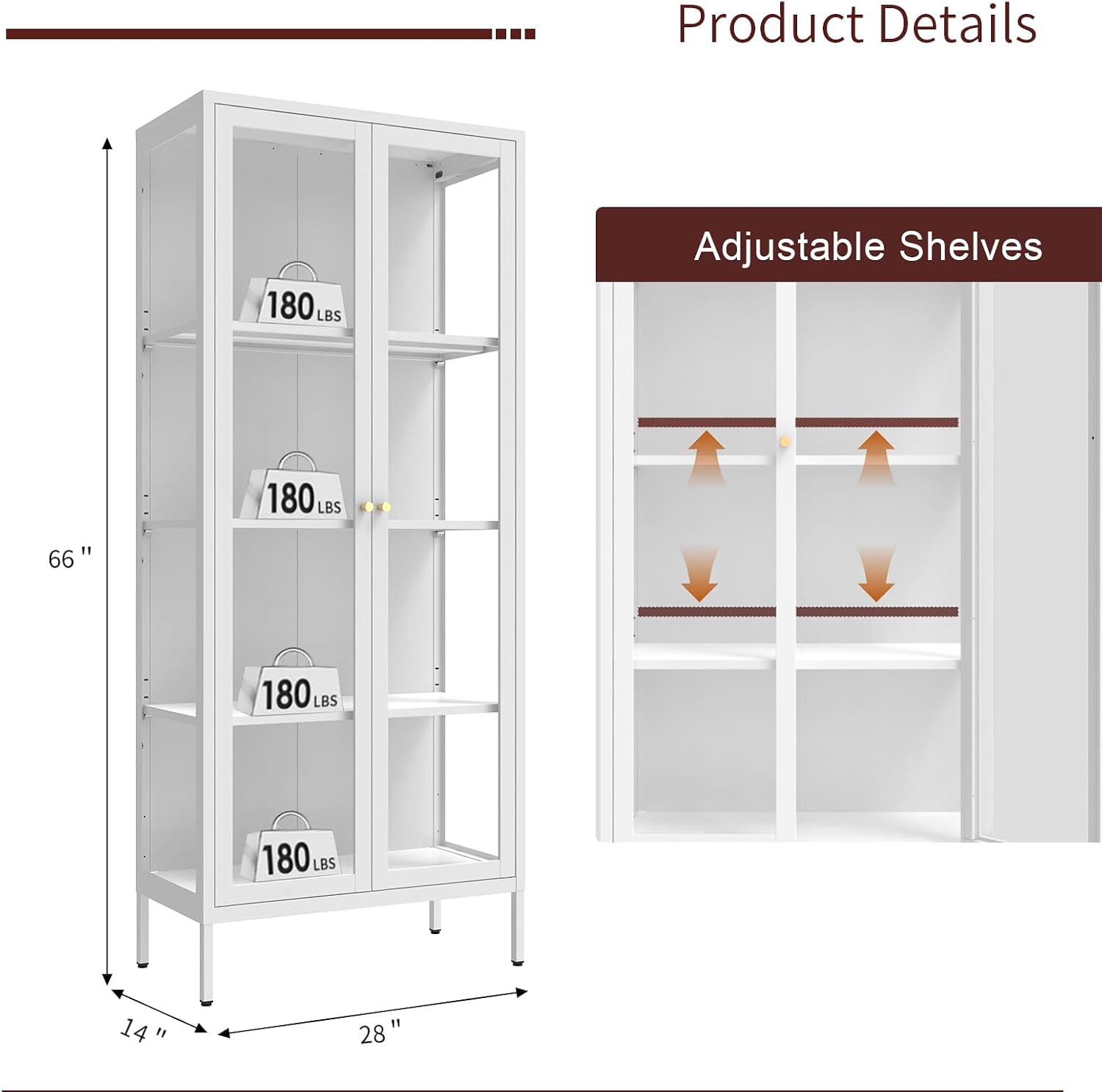 Display Cabinet with Glass Doors, 66' Curio Cabinet with 3 Color Lights, 4 Tier Display Case for Collectibles, Bookcase with Doors for Living Room