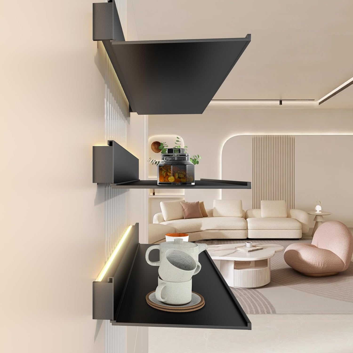 Floating Display Shelf with Built-in Illuminated LED Light and Transformer, Metal Wall Mounted Light-Emitting Shelves, Lighted Display Stand for Entrance Bar Countertop Bathroom