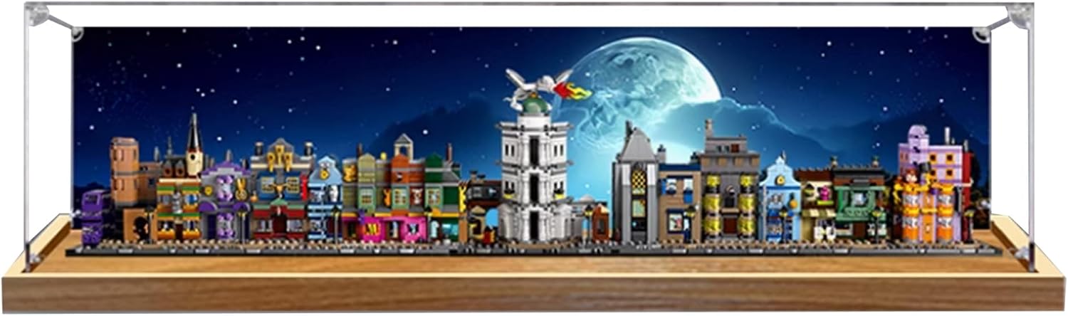 Acrylic Display Case for Lego 76444 Diagon Alley Building Set,Clear Display Case, Dust-Proof Display Case Compatible with Lego 76444 (Only Display Case) (Background,Wooden Base)