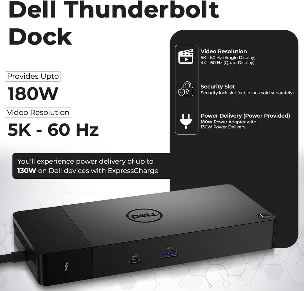 Dell WD22TB4 Thunderbolt 4 Dock - 1 Year Warranty, 40Gbps USB-C/USB A, Dell Docking Station w/ 180W Adapter, HDMI, DisplayPort, USB-C Cables - Supports 4K Displays & Upto 3 Monitors (Renewed)