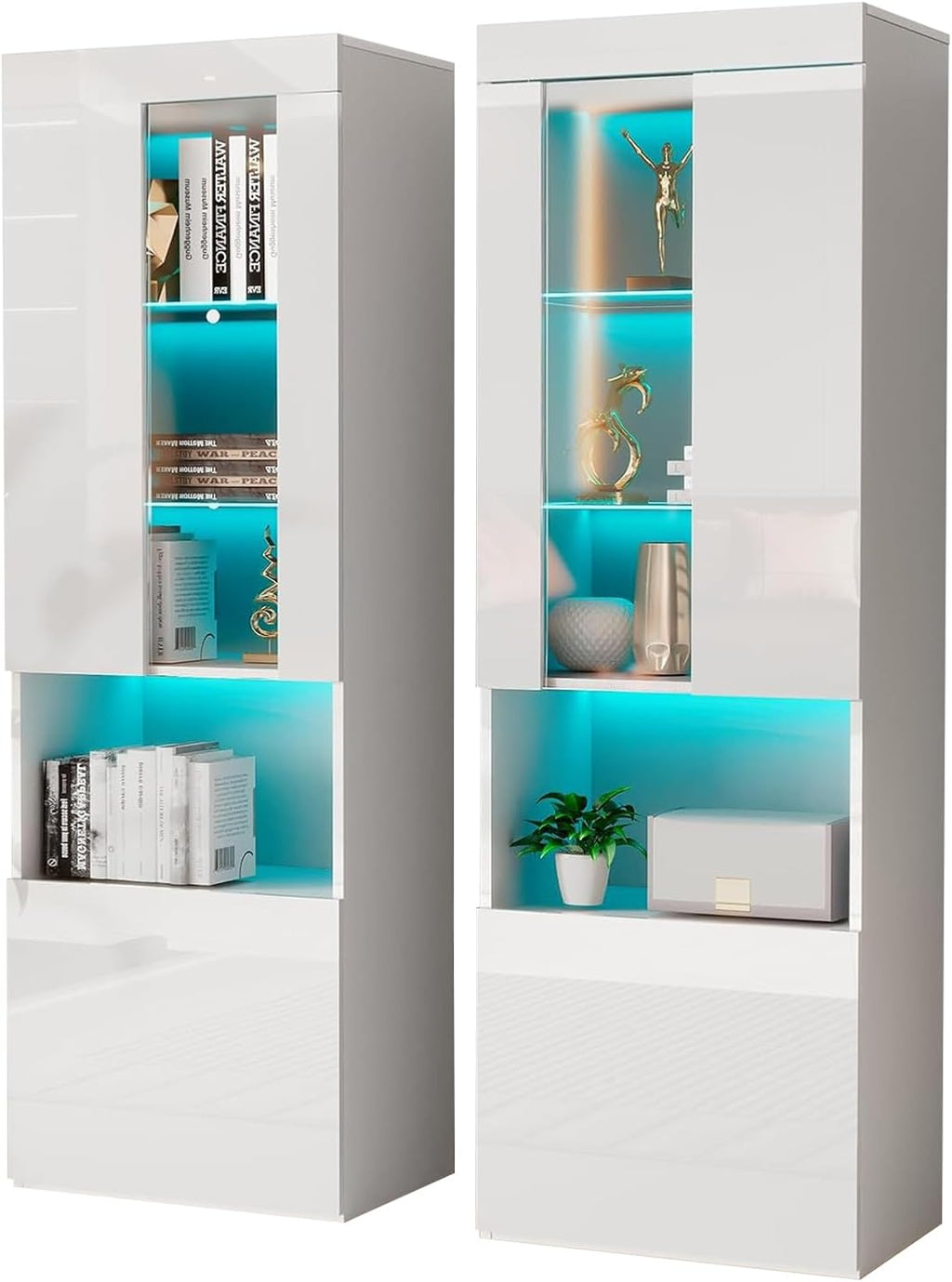 AMERLIFE 2 Piece 71in Tall Bookcase Storage Cabinet with Glass Doors, Modern High Gloss LED Bookshelf Display with 5 Tiers for Storage & Adjustable Glass Shelves for Living Room, Office, White