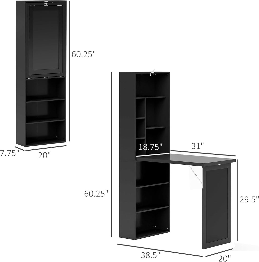 HOMCOM Foldable Convertible Writing Table, Wall Mounted Space-Saving Computer Desk with Chalkboard and Storage Shelves for Small Spaces, Home Office, Bedroom, Dorm, Apartment, Black