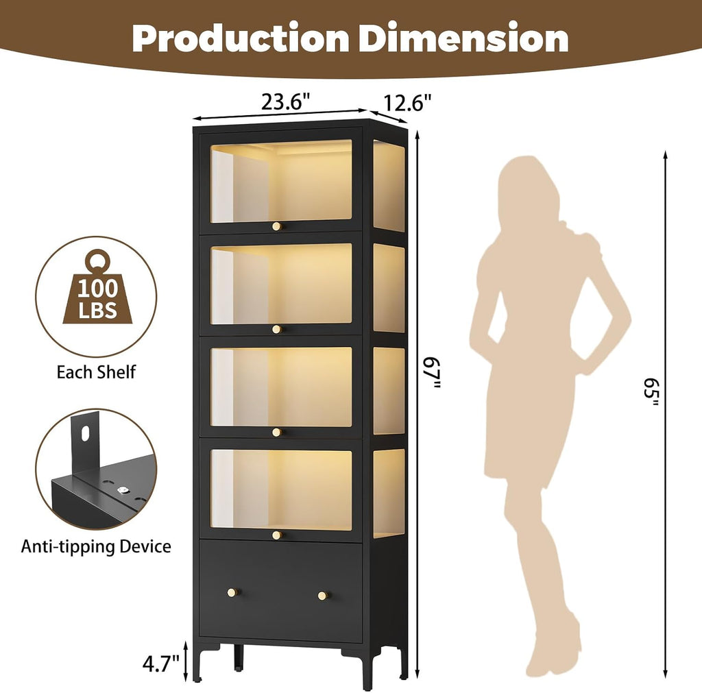 Display Cabinet with Glass Doors, 67' Metal Curio Cabinet with Drawer & 13-Color RGB LED Lights, 5-Tier Glass Display Case for Collectibles, Figure, Toys, Books, Black