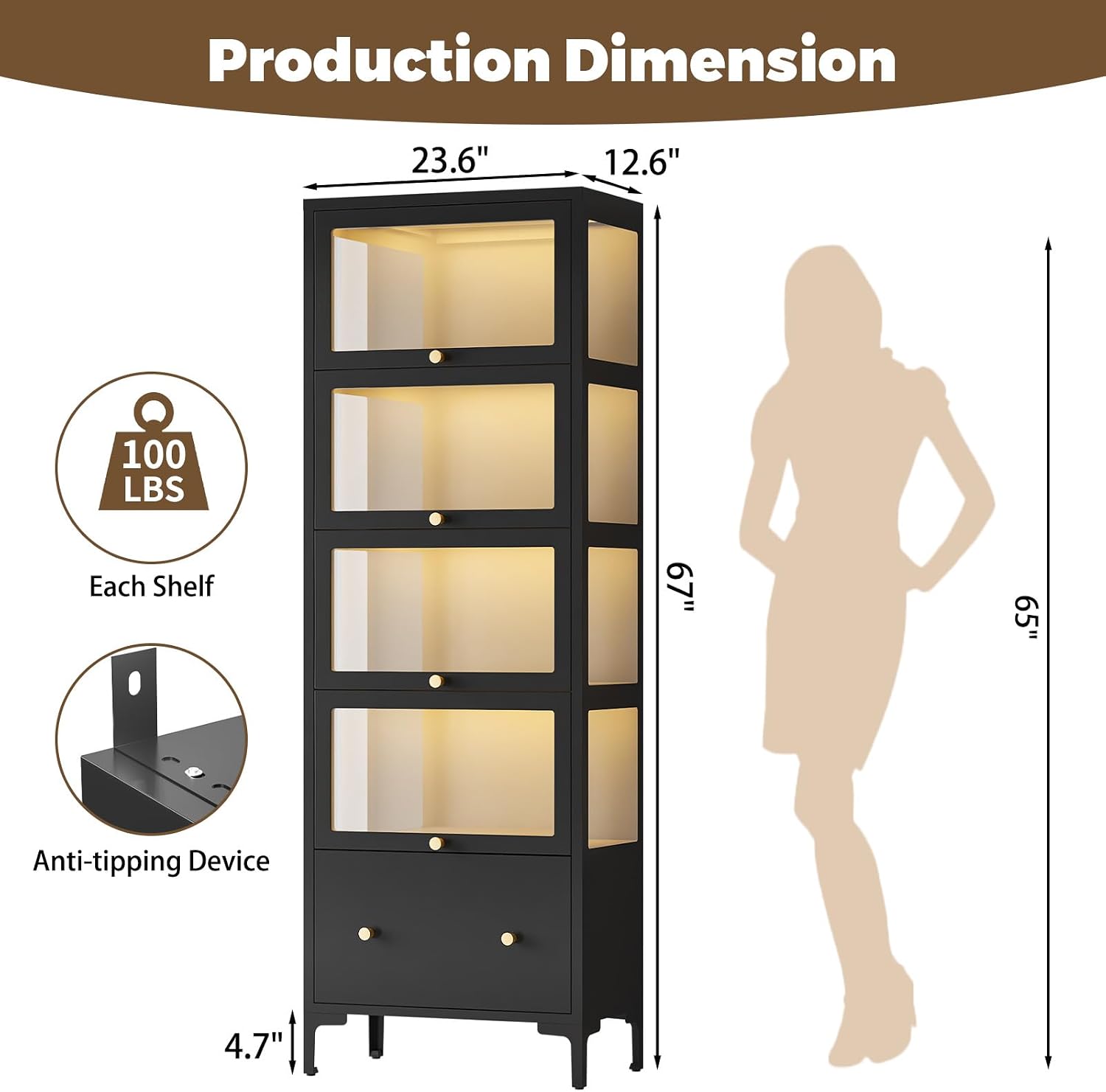 Display Cabinet with Glass Doors, 67' Metal Curio Cabinet with Drawer & 13-Color RGB LED Lights, 5-Tier Glass Display Case for Collectibles, Figure, Toys, Books, Black