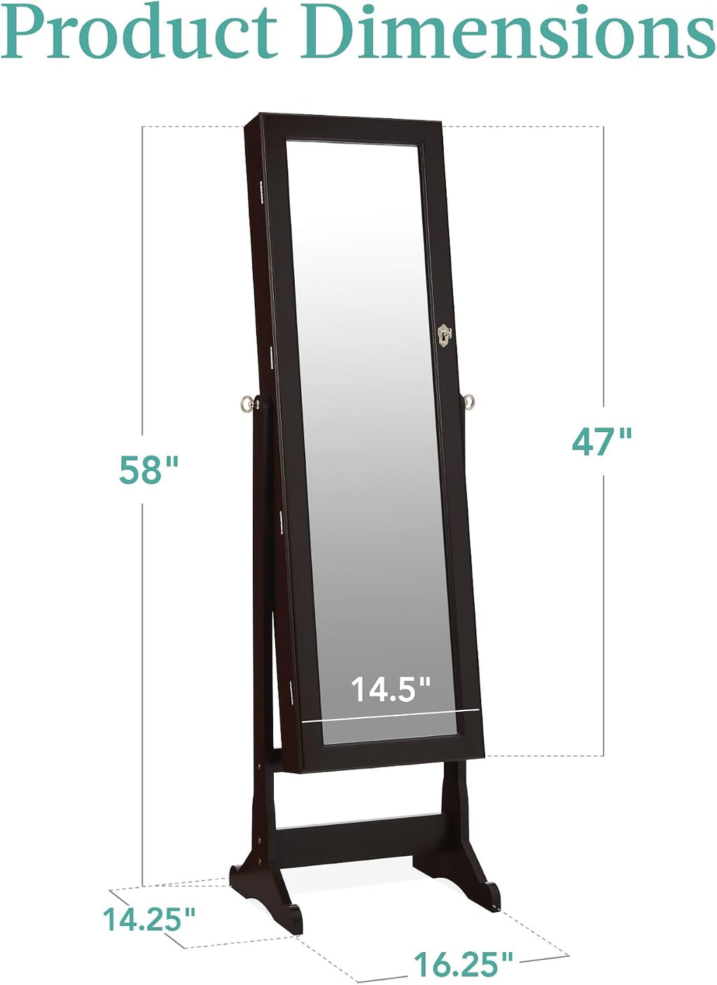 Best Choice Products Freestanding Jewelry Armoire Cabinet, Full Length Standing Mirror, Lockable Makeup Storage Organizer, w/Velvet Lining, 3 Angles, Lock, Accessory Pouch, 5 Shelves - Espresso