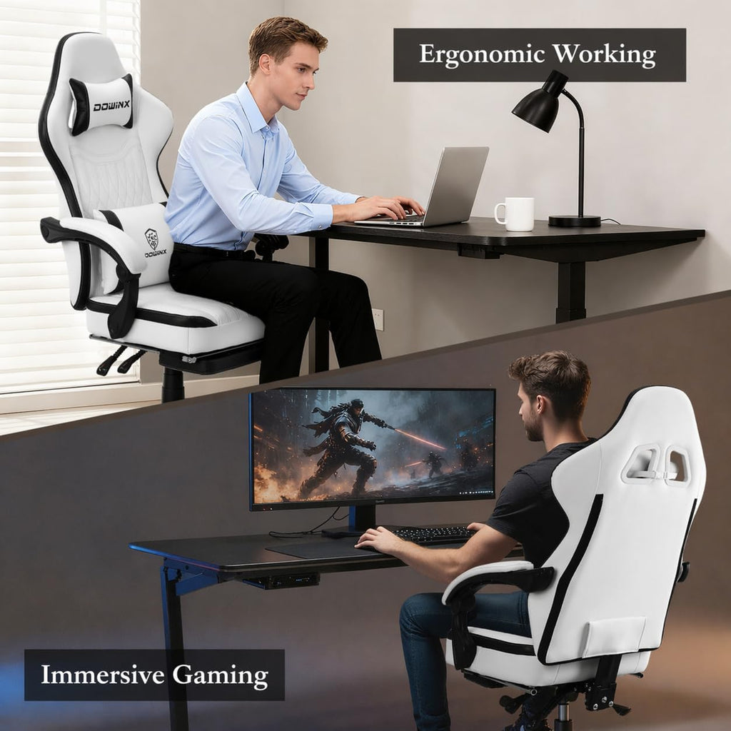 Dowinx Gaming Chair Breathable PU Leather Gamer Chair with Footrest Massage Lumbar Support, Big and Tall Ergonomic Reclining Computer Chair with Pocket Spring Cushion for Adults Teens (Black&White)