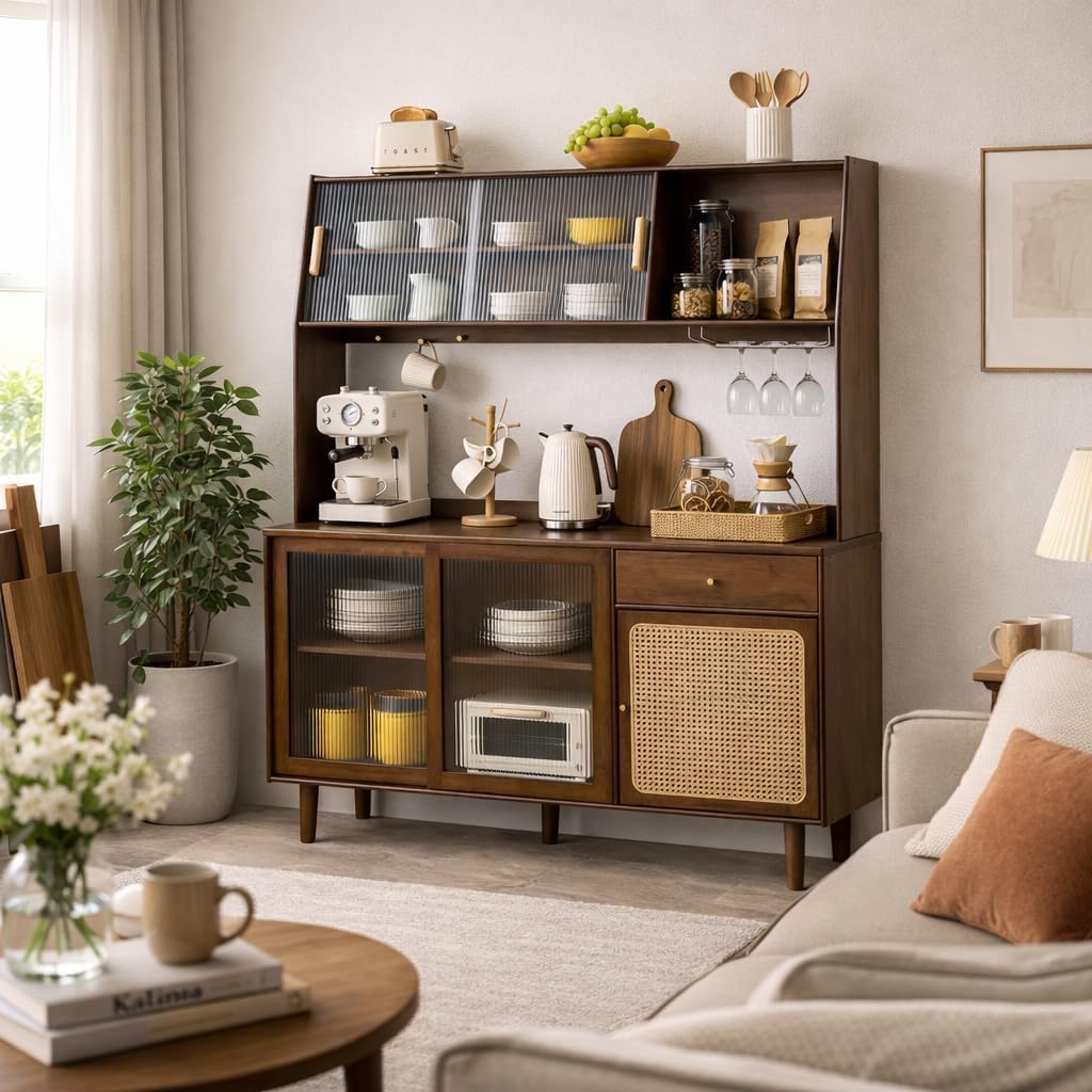 Welnown Kitchen Hutch Cabinet with Countertop, 69' Tall Pantry Storage Cabinet, Rattan Solid Wood Buffet Sideboard, Entryway Storage Table for Living Room, Dining Room, Walnut