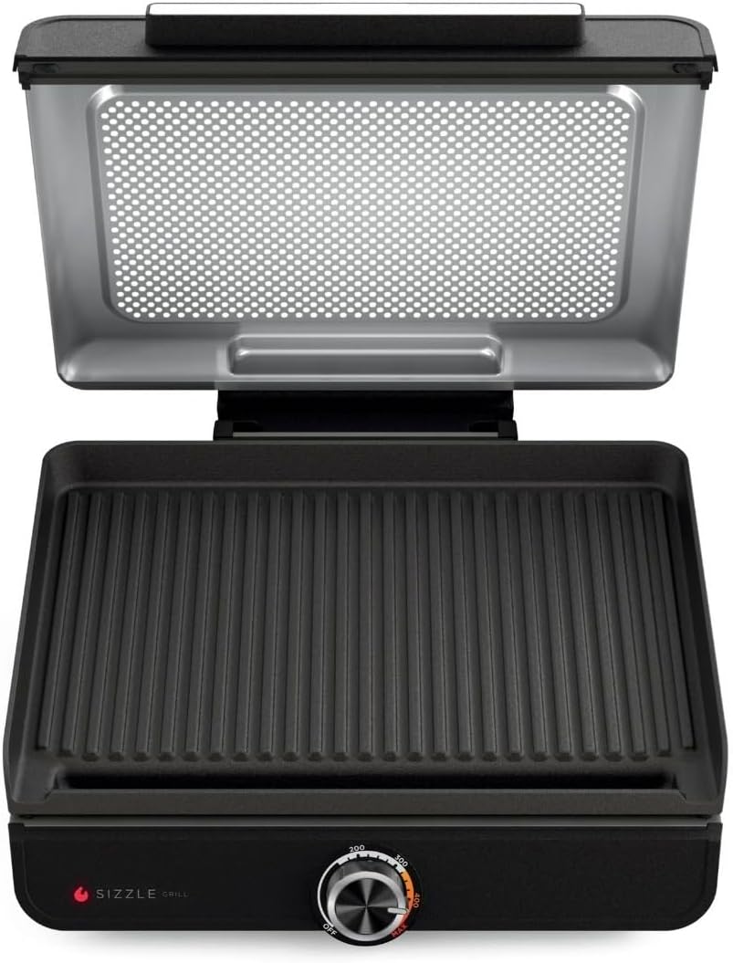 Niinjja Sizzle Indoor Grill, 500°F High Heat Kitchen Grill with Nonstick 14 Inch Plate, Low-Smoke Technology, Edge-to-Edge Heating, Family-Sized Capacity, Countertop Cooking Tool (GR100)