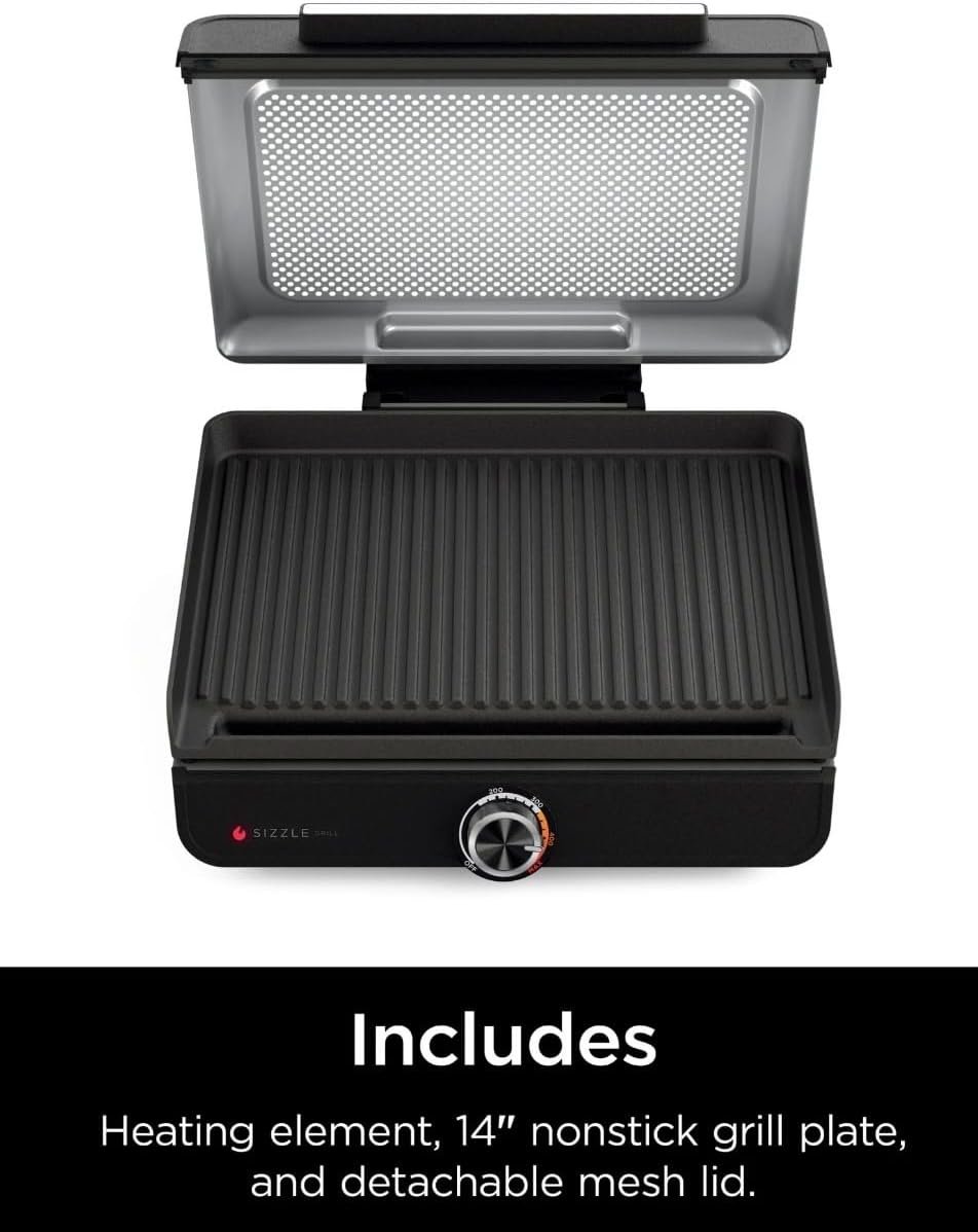 Niinjja Sizzle Indoor Grill, 500°F High Heat Kitchen Grill with Nonstick 14 Inch Plate, Low-Smoke Technology, Edge-to-Edge Heating, Family-Sized Capacity, Countertop Cooking Tool (GR100)