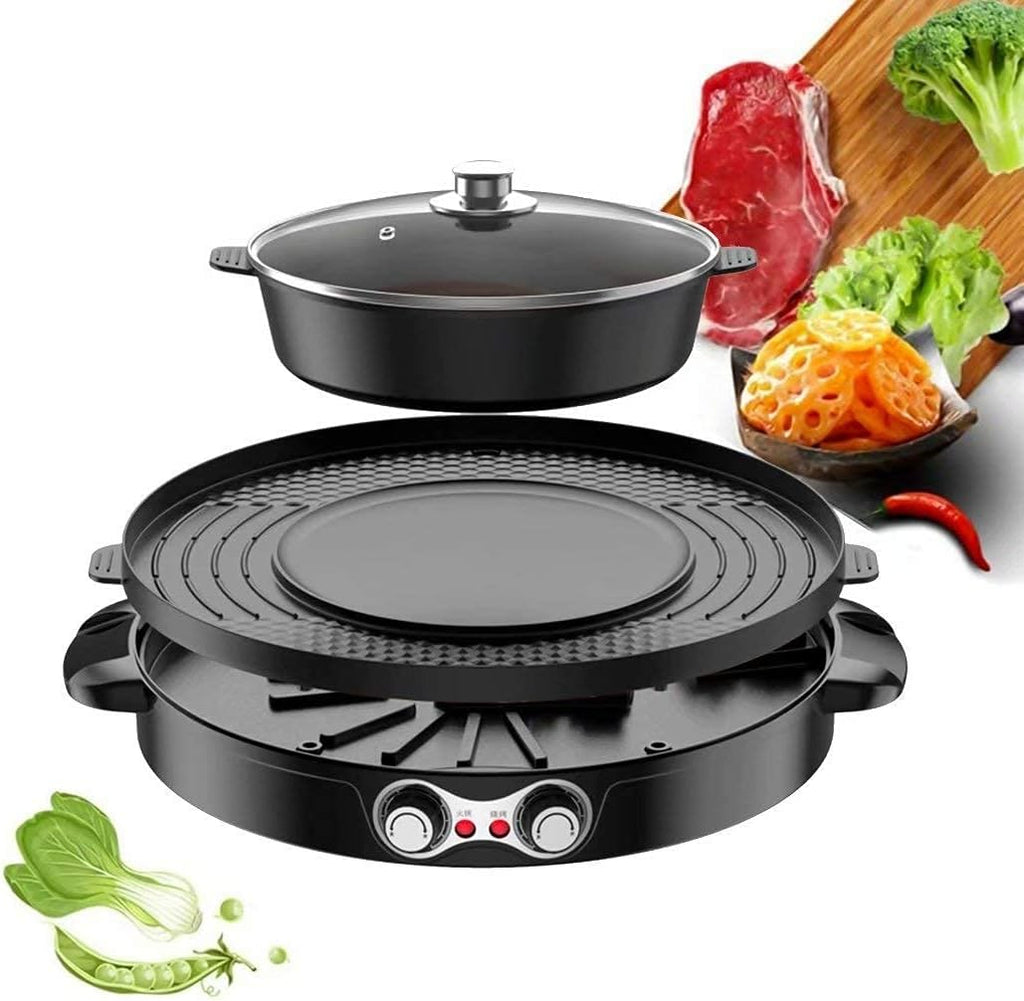 Portable Electric Grill,2-in-1 Electric Smokeless Grill Hotpot,Extra Large Surface Nonstick Pan,Adjustable Temperature Range 0°-1200°C,Indoor and Outdoor Use Useful (Black A)