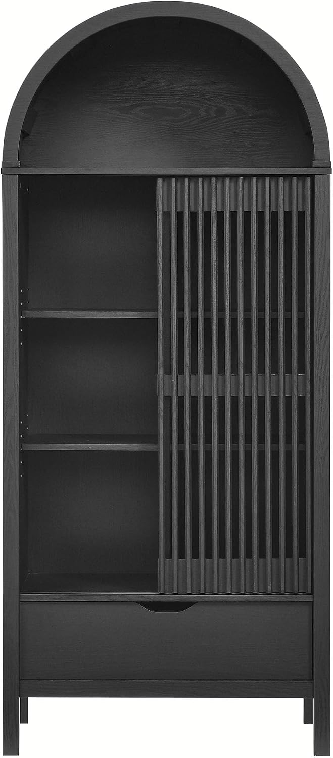 Modway Vaughn 71 Inch Arched Display Cabinet in Black - Modern Arch Bookcase with Drawer and Adjustable Shelves - Tall Storage Cabinet for Living Room, Dining Room, Hallway