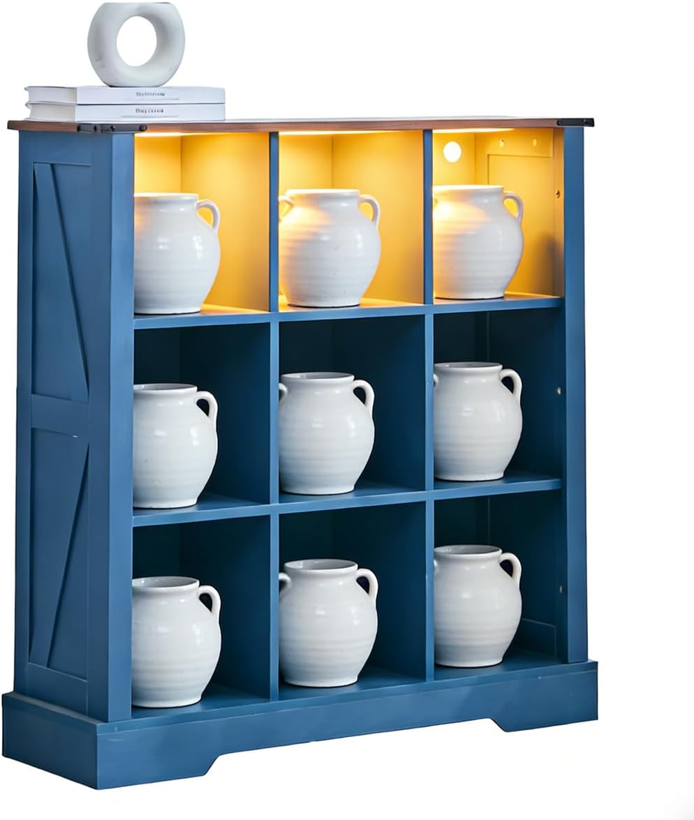 9 Cube Storage Organizer with LED Lights, Wooden Cube Bookcase with Back Panel, Blue Cube Shelf Freestanding Bookshelf, Hallway TV Stand for Living Room, Bedroom, Office