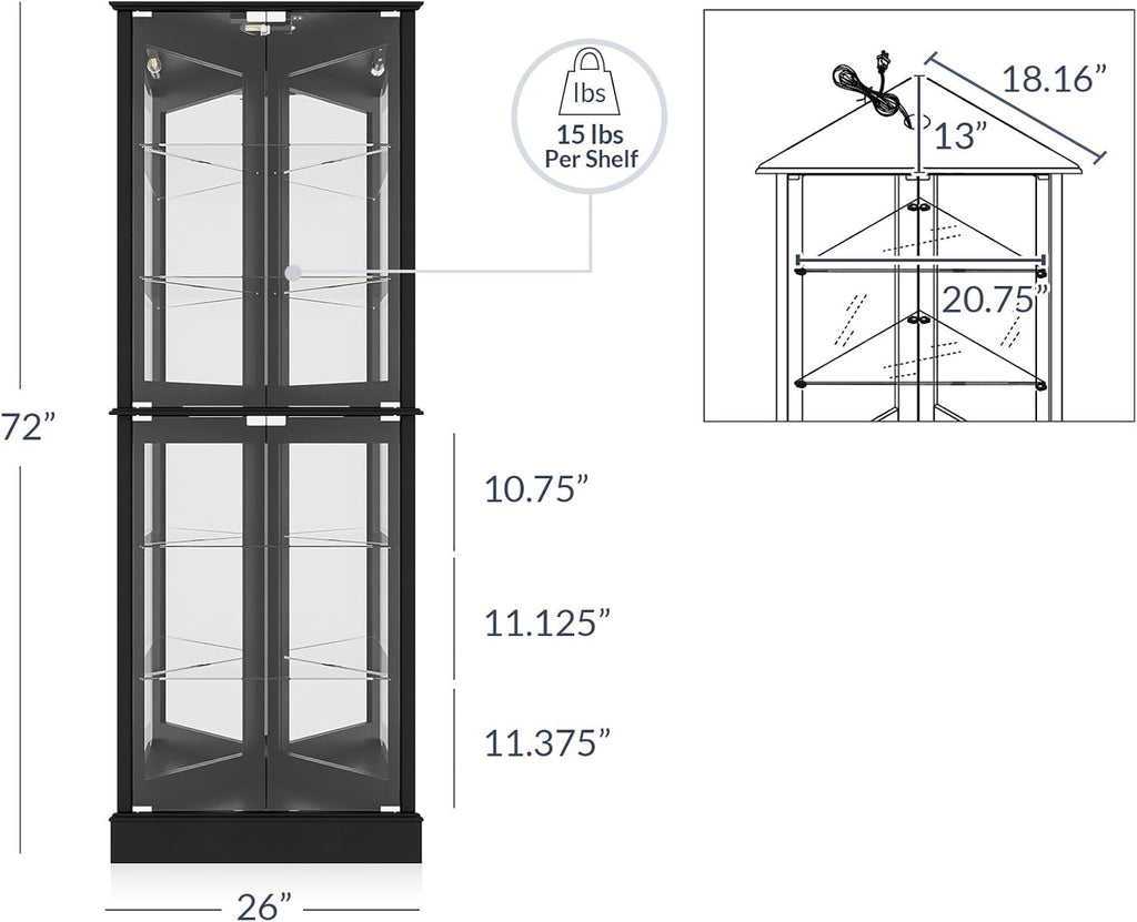 BELLEZE Lighted Corner Display Curio Cabinet Wooden Shelving Unit with Tempered Glass Door, Bar and Liquor Storage Area with 6 Shelves - Woody (Black)