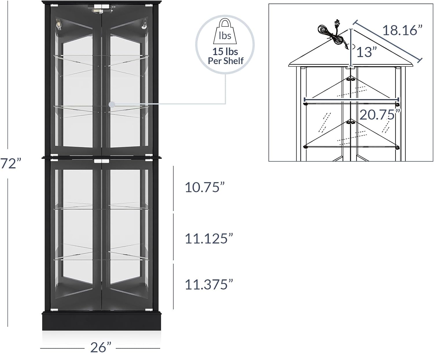 BELLEZE Lighted Corner Display Curio Cabinet Wooden Shelving Unit with Tempered Glass Door, Bar and Liquor Storage Area with 6 Shelves - Woody (Black)