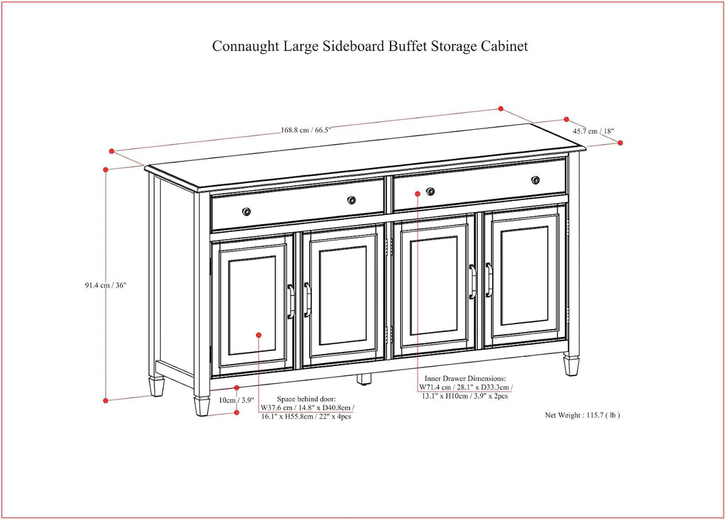 SIMPLIHOME Connaught Buffet - 67 inch Wide Solid Wood 4 Door Sideboard Cabinet in Dark Chestnut Brown, Traditional Dining Room Storage for Kitchen or Living Room with 2 Drawers and Adjustable Shelves