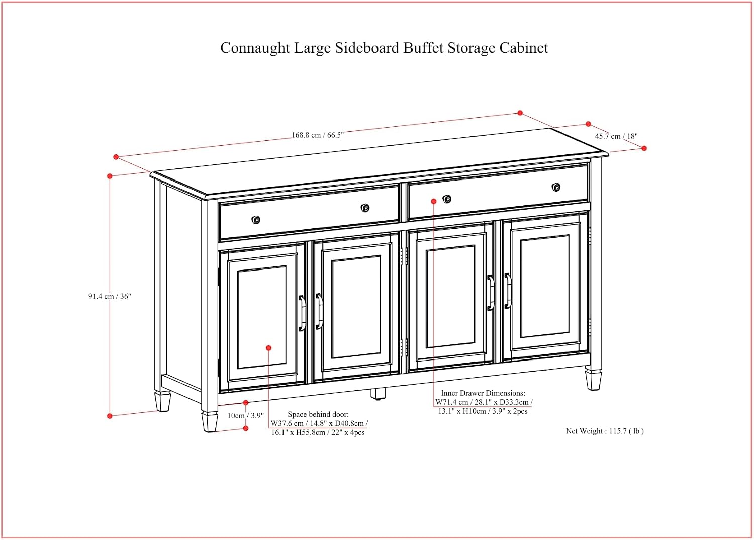 SIMPLIHOME Connaught Buffet - 67 inch Wide Solid Wood 4 Door Sideboard Cabinet in Dark Chestnut Brown, Traditional Dining Room Storage for Kitchen or Living Room with 2 Drawers and Adjustable Shelves