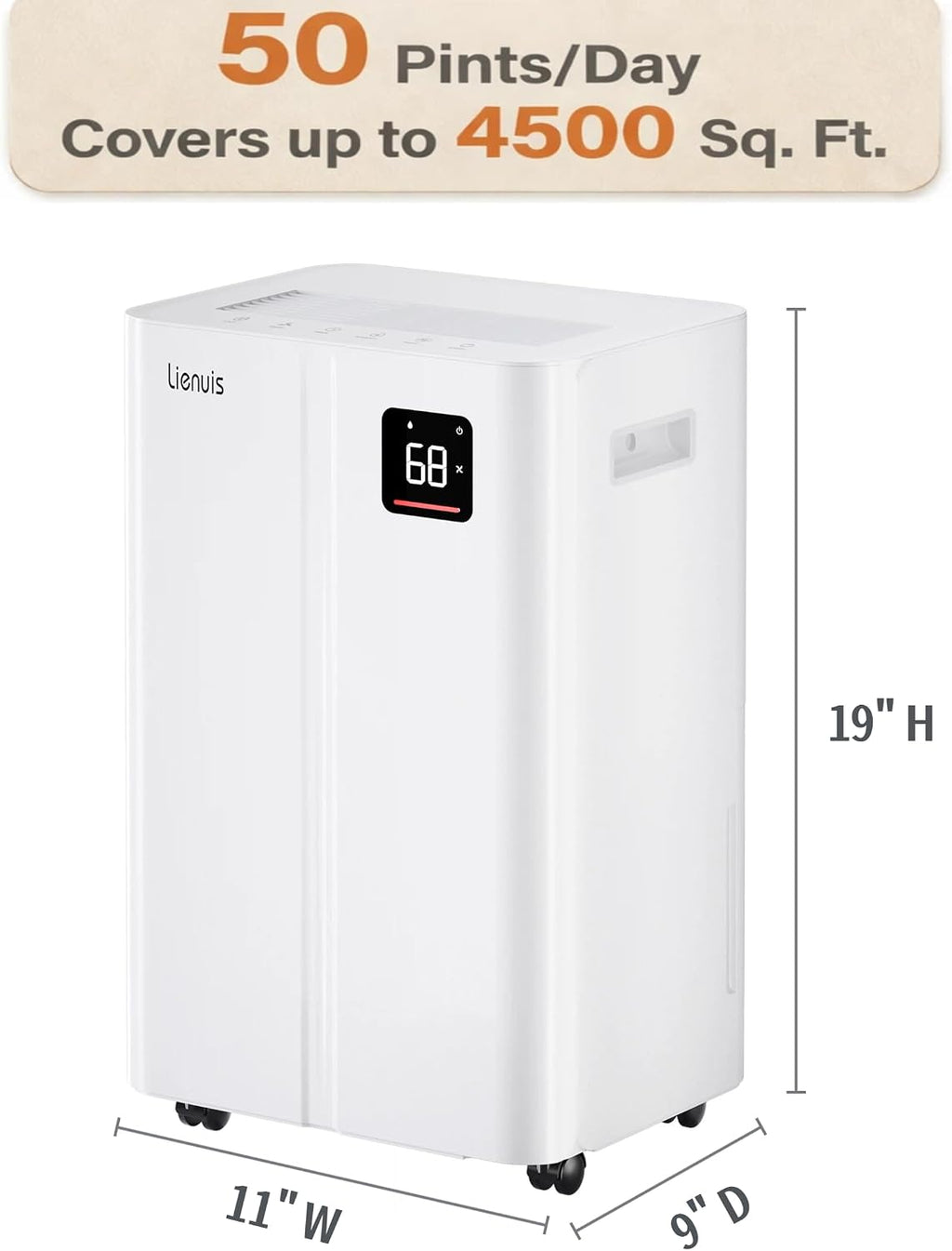 50 Pint Dehumidifier for Large Rooms & Basements, Up to 4,500 Sq.Ft, Automatic Humidity Control with Continuous Drain, Quiet 40dB, 24-Hour Timer, Wheels & Child Lock