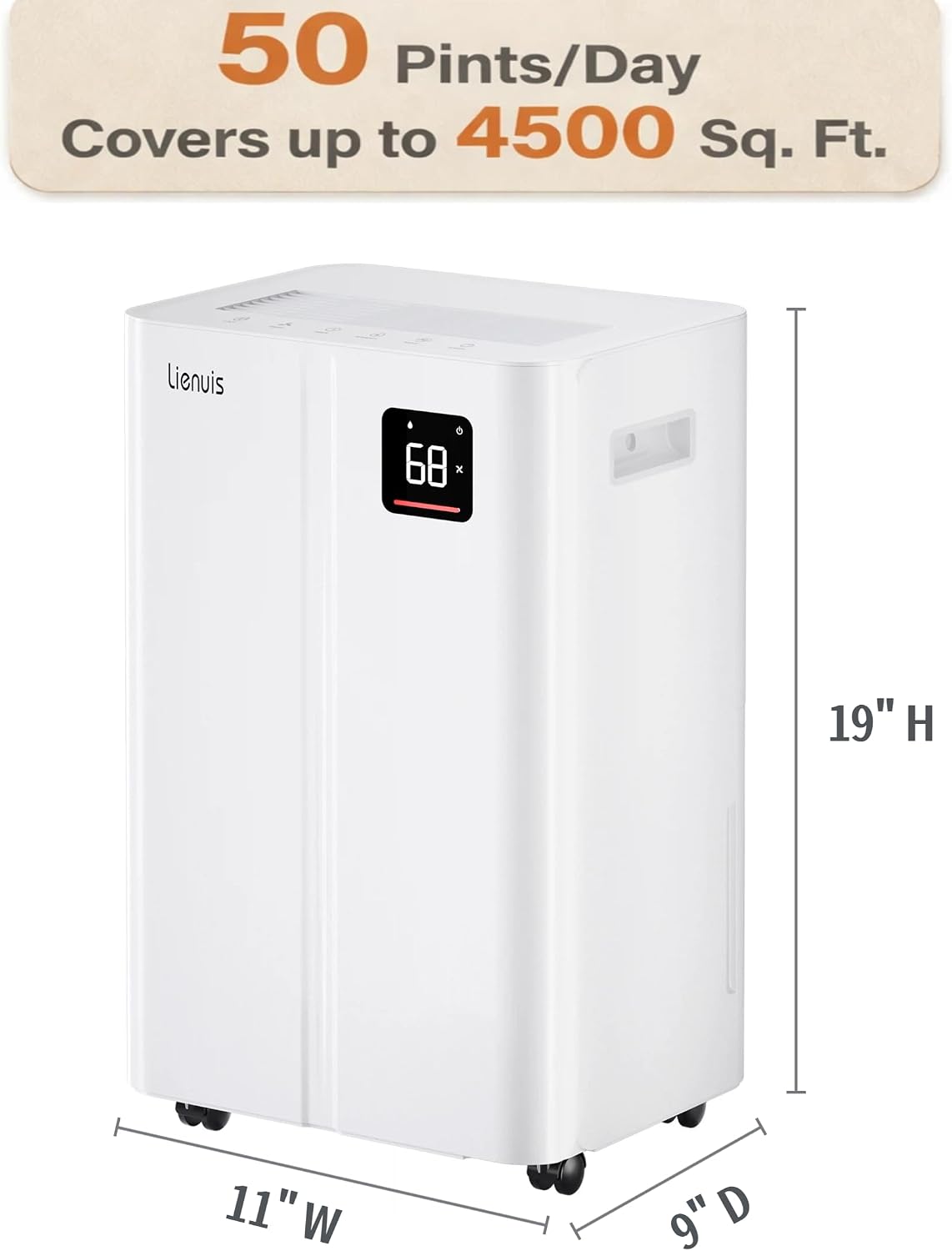 50 Pint Dehumidifier for Large Rooms & Basements, Up to 4,500 Sq.Ft, Automatic Humidity Control with Continuous Drain, Quiet 40dB, 24-Hour Timer, Wheels & Child Lock