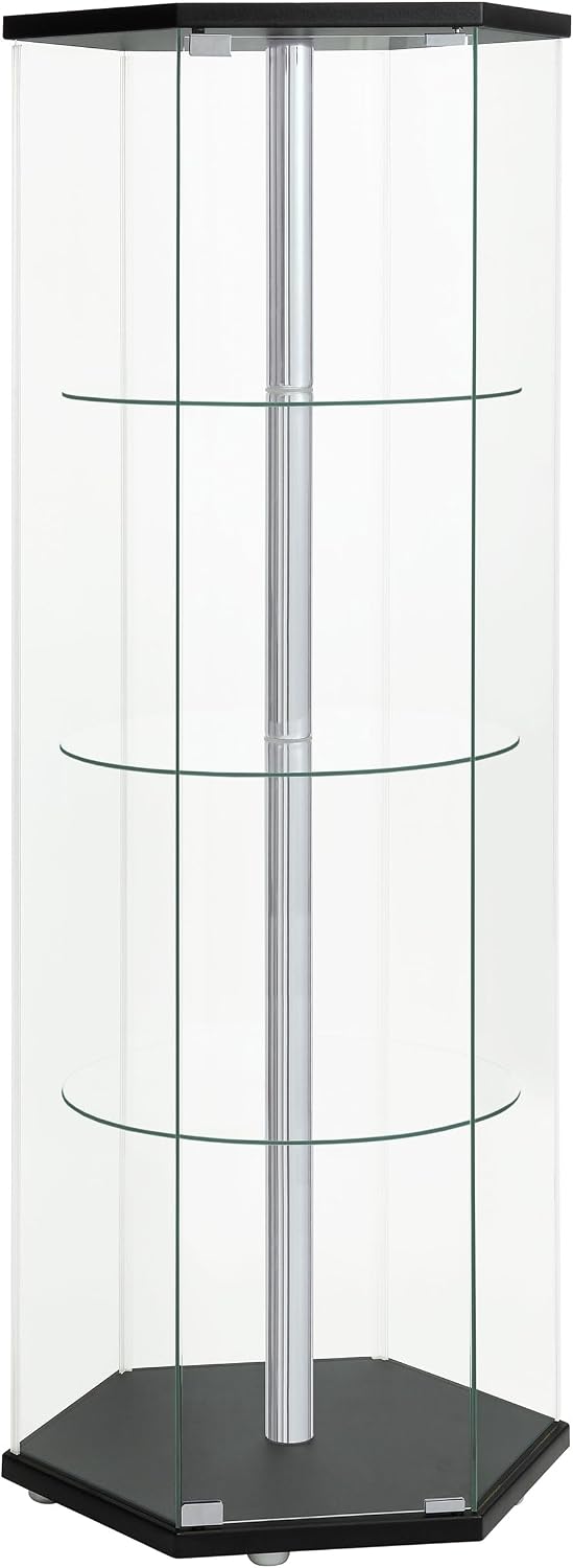 Coaster Home Furnishings - Zahavah - 4-Shelf Hexagonal Curio Cabinet with Push-to-Open Magnetic Door and Clear Tempered Glass with Chrome Center Pole - Living Room - Black - 950276