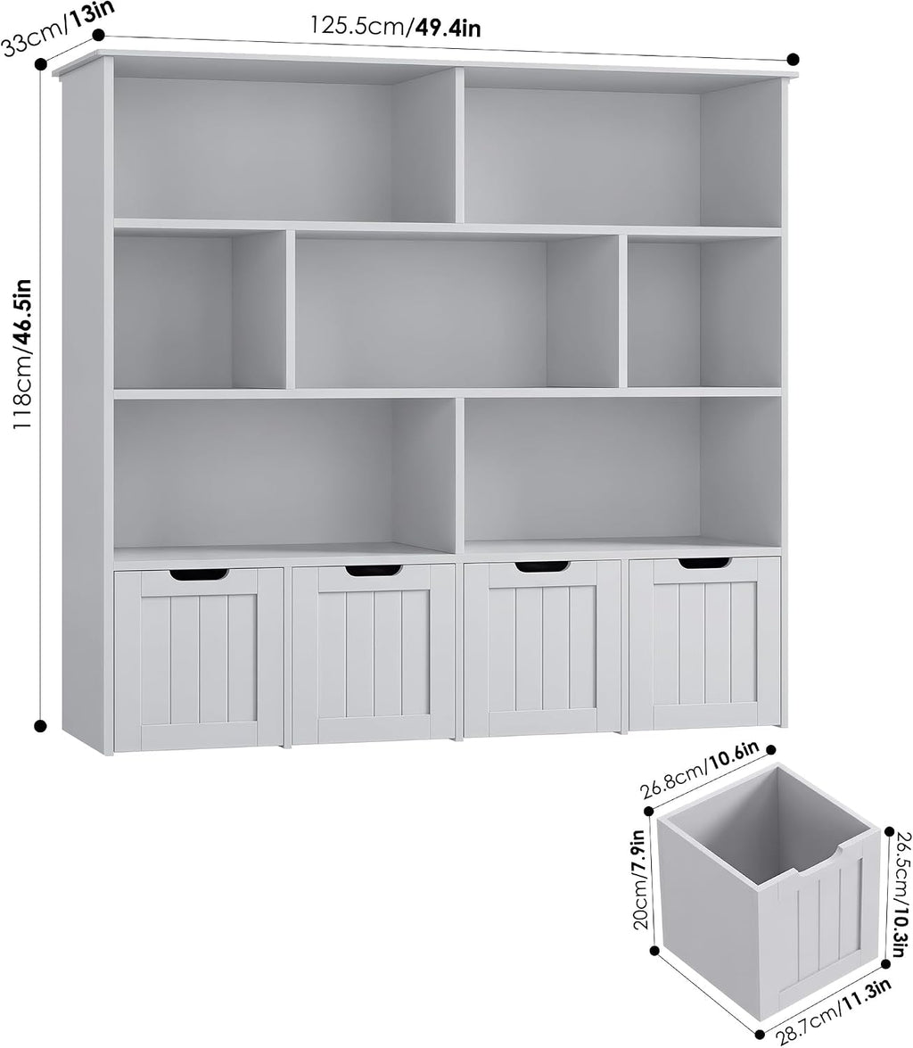 FINETONES Toy Storage Organizer, Kids Bookshelf with 4 Movable Chests and 7 Storage Cubes, Toy Chest Storage Shelf Organizer with Hidden Wheels, Toy Organizers and Toy Storage, Grey