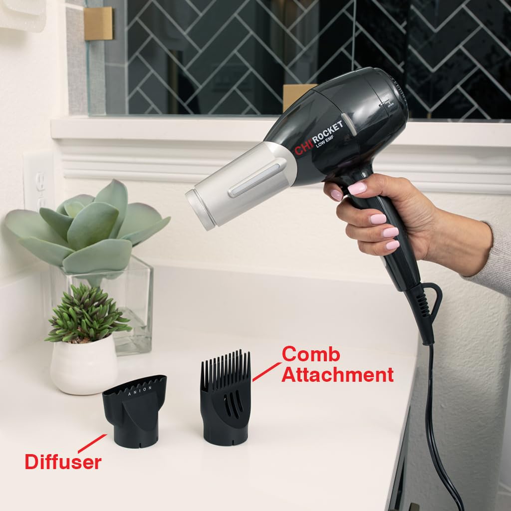 CHI Rocket Hair Dryer, Hair Dryer With Comb & Drying Nozzle Attachment, Quick-Drying For Shiny, Frizz-Free Hair, Lightweight & Low EMF