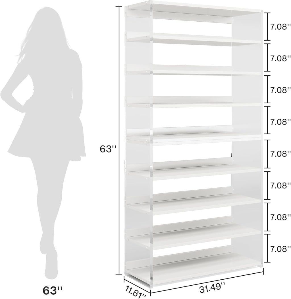 Tribesigns 8-Tier Acrylic Bookshelf, Modern Bookcase with Wood Shelves, 63' Display Storage Rack for Living Room, Bedroom, Home Office, White & Transparent (Without LED)