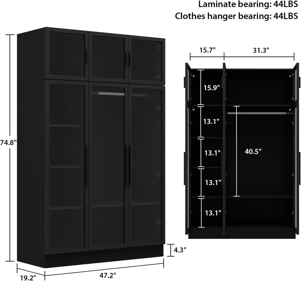 Glass Display Cabinet with LED Lights, Modern Curio Cabinet with Glass Doors, Tall Glass Display Case with Hanging Rod & 5 Tiers Shelf, Large Black Storage Organizer for Collectibles, 47.2' W