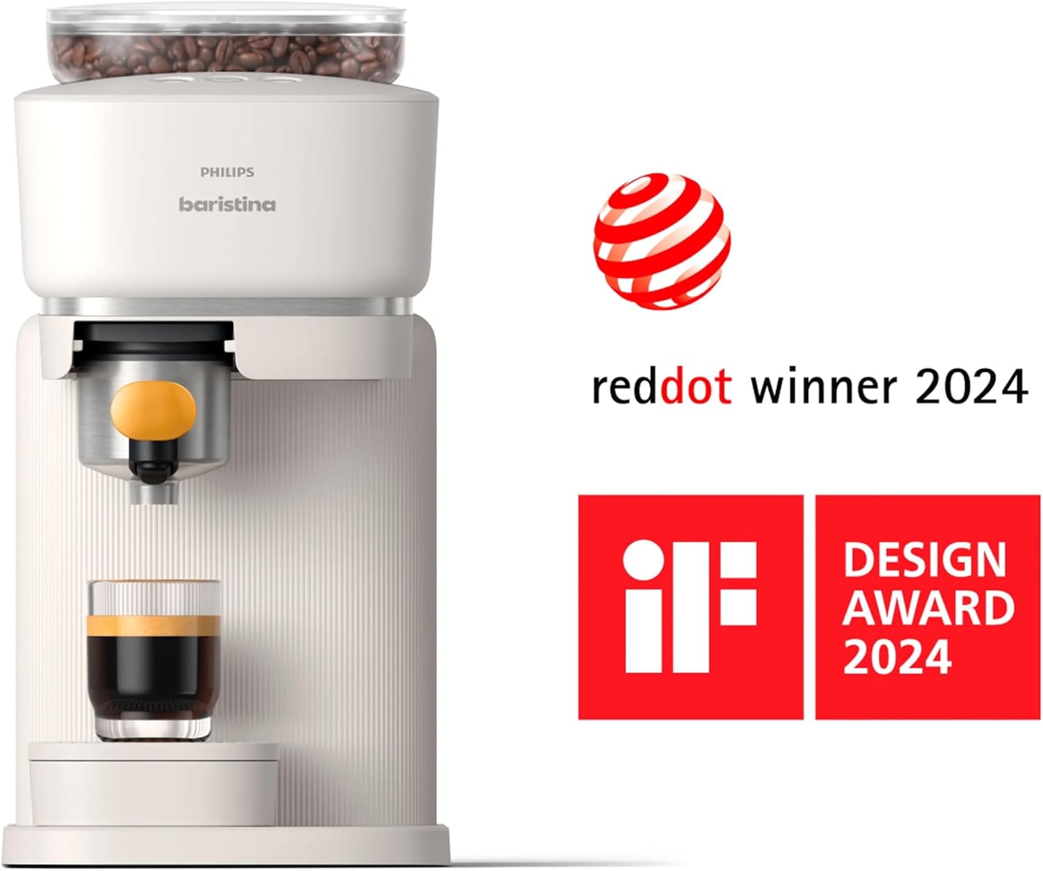 Philips Baristina Espresso Machine, Grind, Tamp & Brew Coffee Beans in One Swipe, Compact, 16 Bar Pump Pressure, Automatic Grinder, White with Mango Portafilter (BAR310/50)
