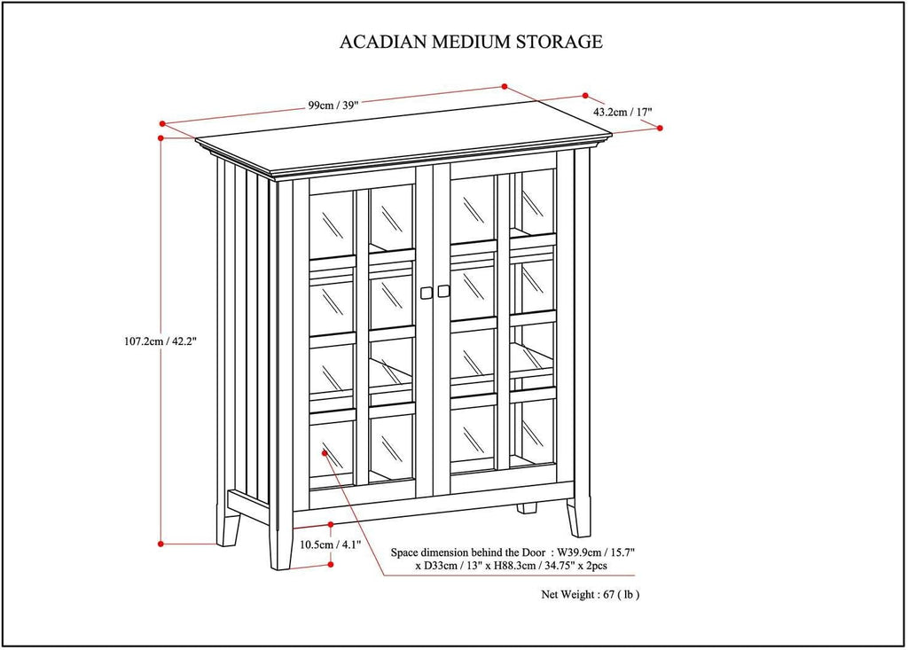 SIMPLIHOME Acadian Storage Cabinet - 39 inch Wide Solid Wood 4-Shelf Display Cabinet in Distressed Grey, Transitional Cupboard for Living Room or Dining Room with Glass Doors and Adjustable Shelves