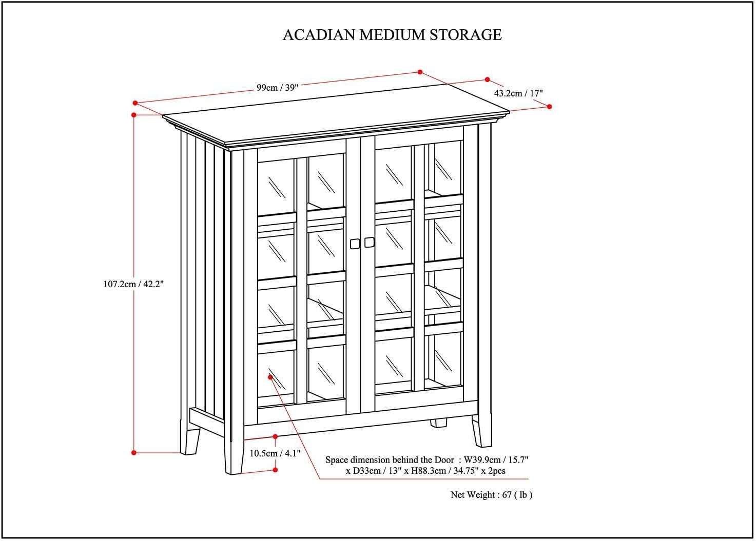 SIMPLIHOME Acadian Storage Cabinet - 39 inch Wide Solid Wood 4-Shelf Display Cabinet in Distressed Grey, Transitional Cupboard for Living Room or Dining Room with Glass Doors and Adjustable Shelves