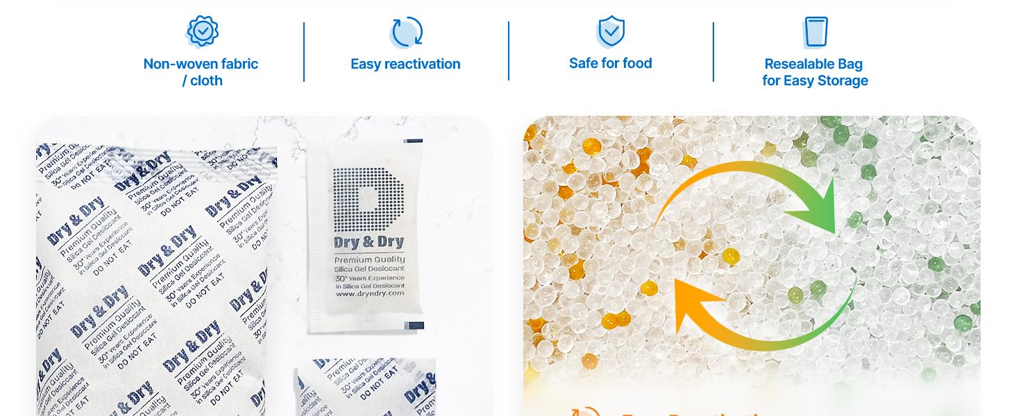 Dry & Dry 500 Gram [50 Packets] Orange Indicating Silica Gel Packets Desiccants Silica Packets - Rechargeable Moisture Absorbers for Food Storage, Electronics, 3D Filament & Safes