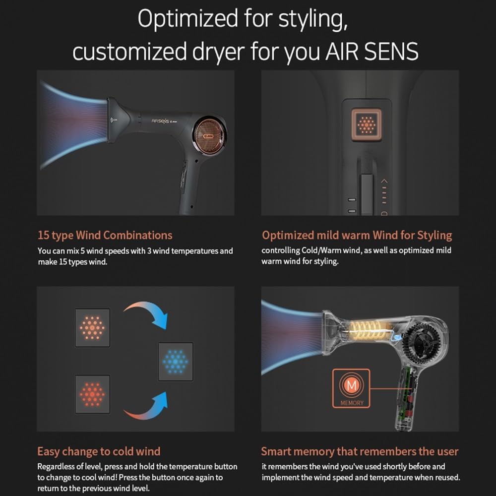 JMW Korean Professional Salon Hair Dryer AIR Sense I 15 Winds-3 Heat X 5 Speed Mix, 2 Nozzles & Dryer Stand, Upgrade BLDC Motor, 100% Cool Shot, Smart Memory, Fast Drying, Quiet and Long-Lasting