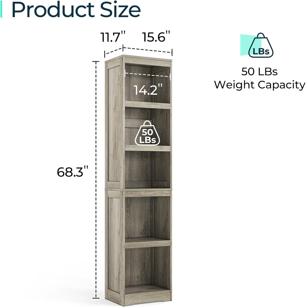 LINSY HOME 5-Shelf Bookcase, Narrow Bookshelves Floor Standing Storage Shelves 68 in Tall Bookcase Home Decor Furniture for Home Office, Living Room, Bed Room - Light Brown