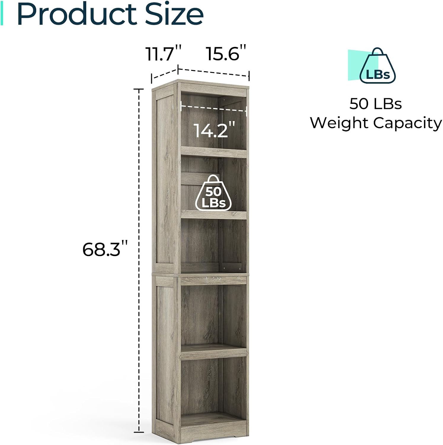 LINSY HOME 5-Shelf Bookcase, Narrow Bookshelves Floor Standing Storage Shelves 68 in Tall Bookcase Home Decor Furniture for Home Office, Living Room, Bed Room - Light Brown