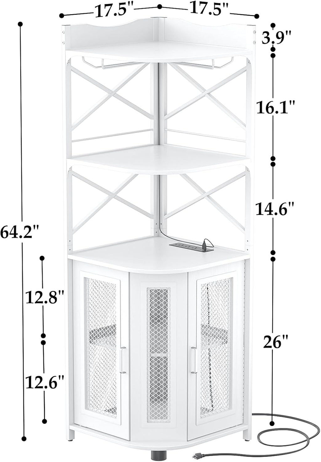 Aheaplus Corner Bar Cabinet with Power Outlet, Industrial Wine Cabinet with LED Strip and Glass Holder, 5-Tiers Liquor Cabinet Bar Unit for Home, Corner Display Cabinet for Small Space, White
