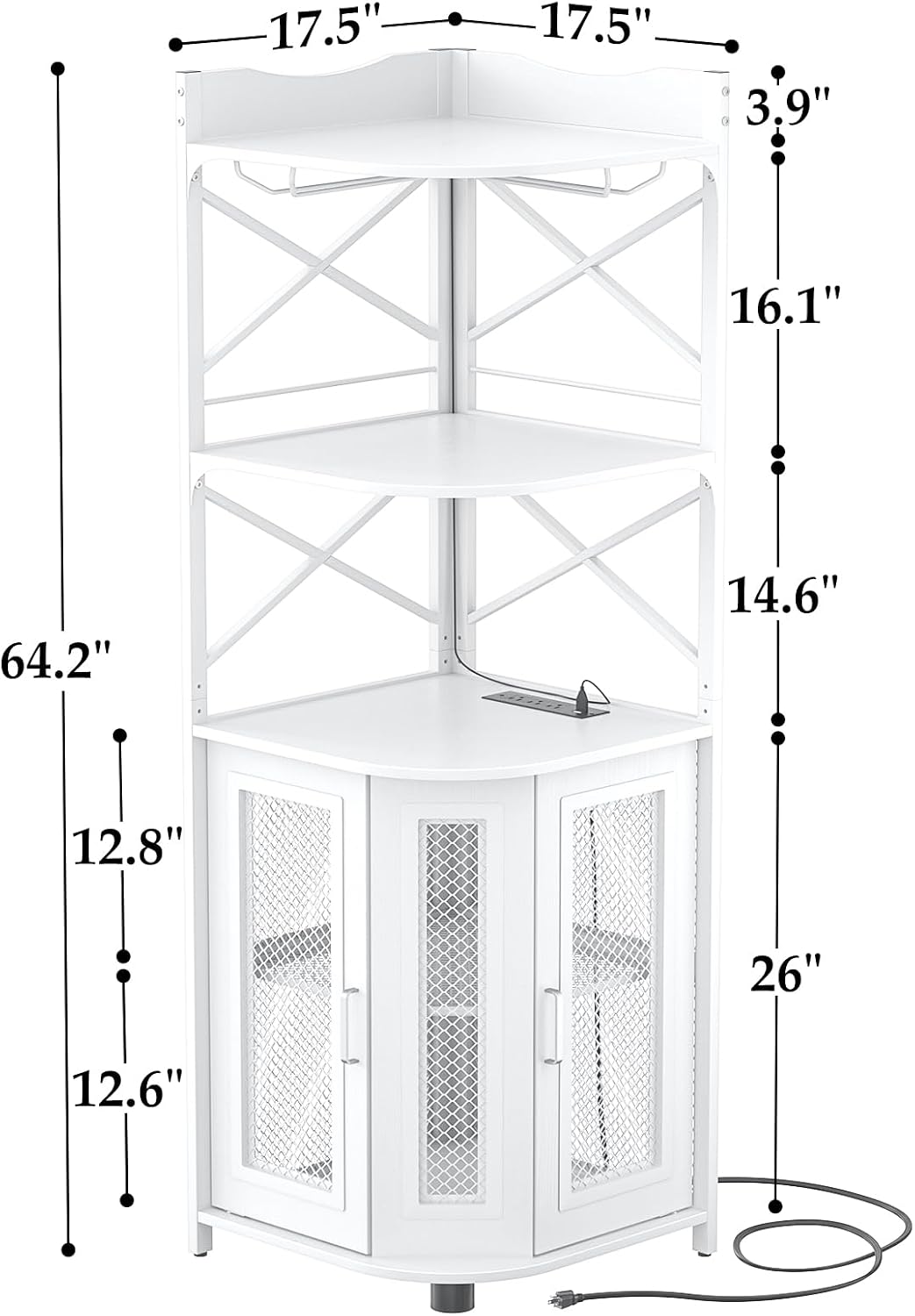 Aheaplus Corner Bar Cabinet with Power Outlet, Industrial Wine Cabinet with LED Strip and Glass Holder, 5-Tiers Liquor Cabinet Bar Unit for Home, Corner Display Cabinet for Small Space, White
