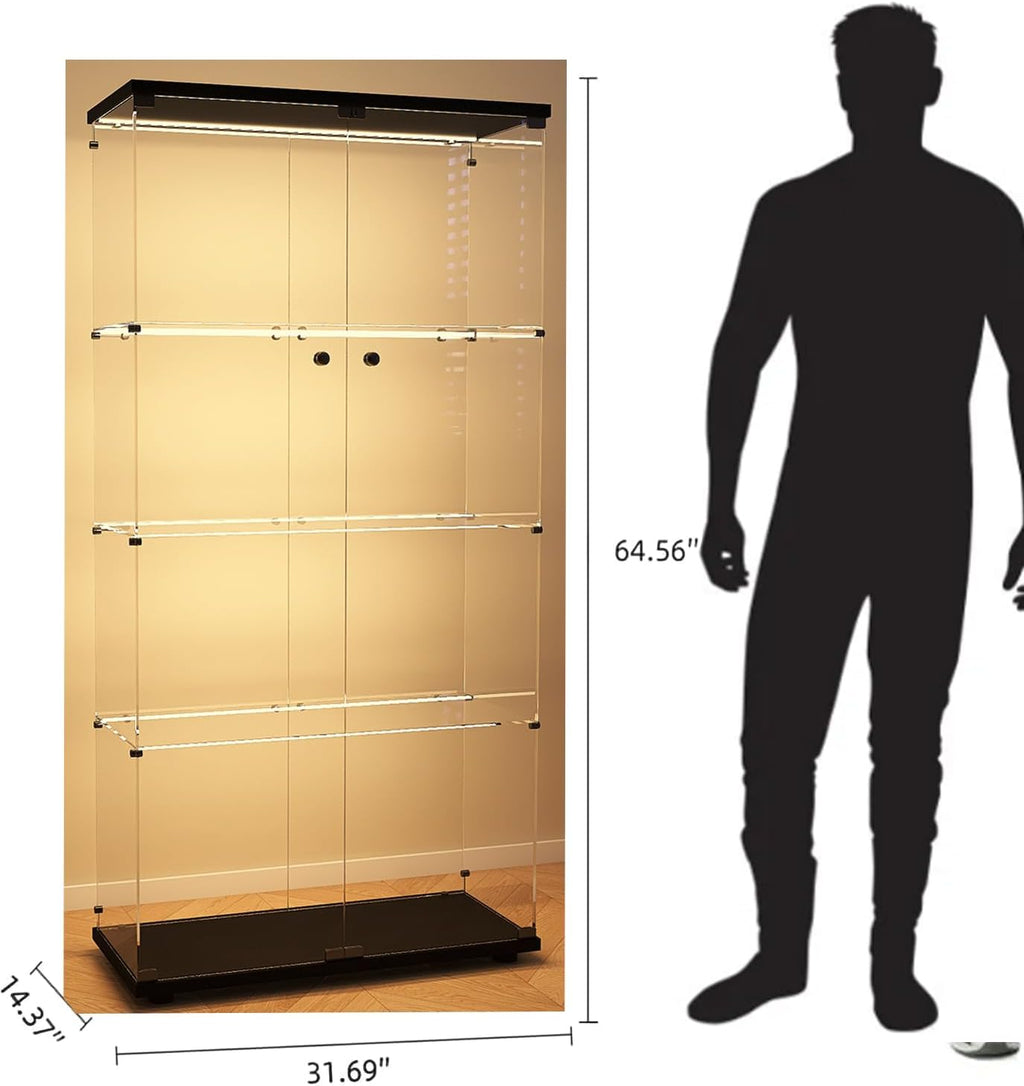 Modern 4-Tier Glass Display Shelf with 2 Doors, Curio Cabinet Collection - Floor Standing Display Case for Living Room, Bedroom, Home Office - 30' W x 14.5' D x 64' H (Black with LED Light Strip)