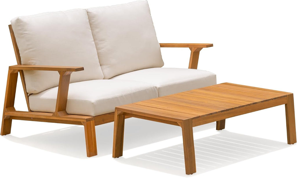 Idzo Jasper Solid Acacia Wood Loveseat Patio Set with Beige Cushions & Coffee Table – Modern Outdoor Furniture for Poolside, Garden, or Deck