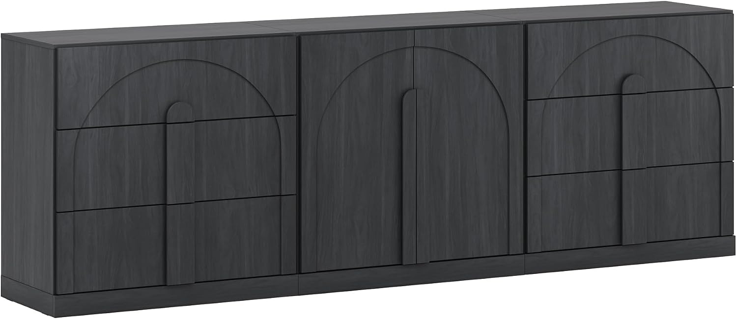 BELLEZE Modular Sideboard Cabinet Set, 3-Piece Modern Wood Buffet Cabinet Contain Arched Cabinet and 2 3-Drawer Storage, Freely Configurable Credenza for Living Room Kitchen, Camel