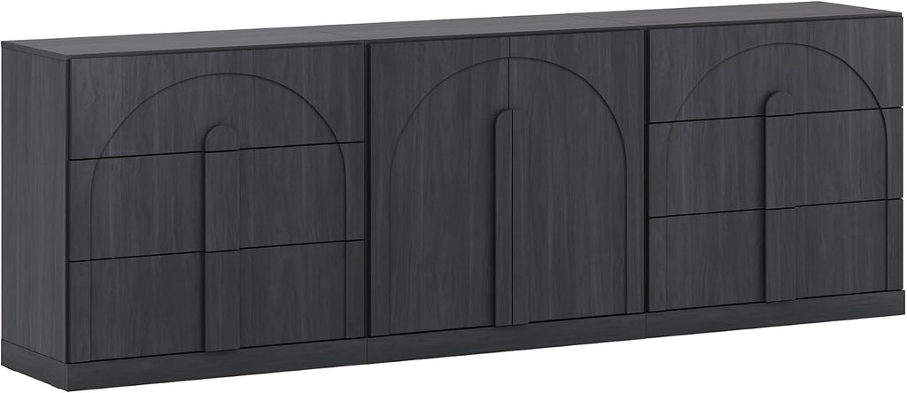 BELLEZE Modular Sideboard Cabinet Set, 3-Piece Modern Wood Buffet Cabinet Contain Arched Cabinet and 2 3-Drawer Storage, Freely Configurable Credenza for Living Room Kitchen, Ebony