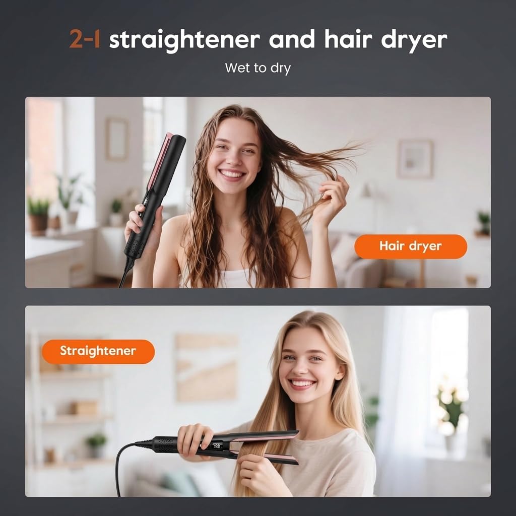 slopehill 2-in-1 Hair Straightener and Blow Dryer, Professional Flat Iron with High-Speed Airflow Technology for Straight, Smooth Hair (Black)