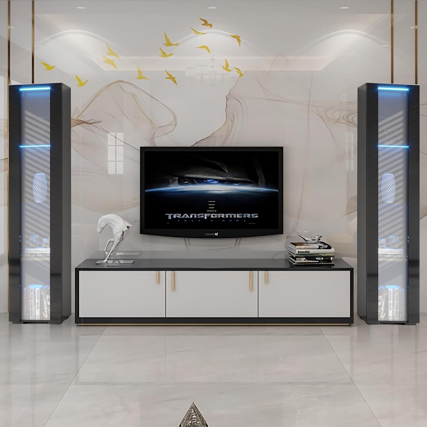 67' LED Display Cabinet with 4 Glass Shelves & 1 Door, Modern Curio Cabinet Collection Display Case Storage Cabinet, High Gloss Floor Standing Bookshelf for Living Room Bedroom Office (Black)