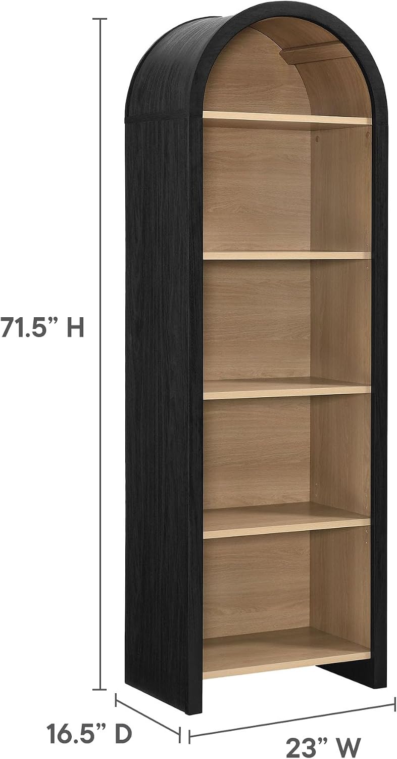 Modway Evie Modern Arched Narrow Bookcase in Black - 71 Inch Open Shelf Display Cabinet - Stylish 5-Tier Bookshelf for Living Room, Dining Room, or Home Office